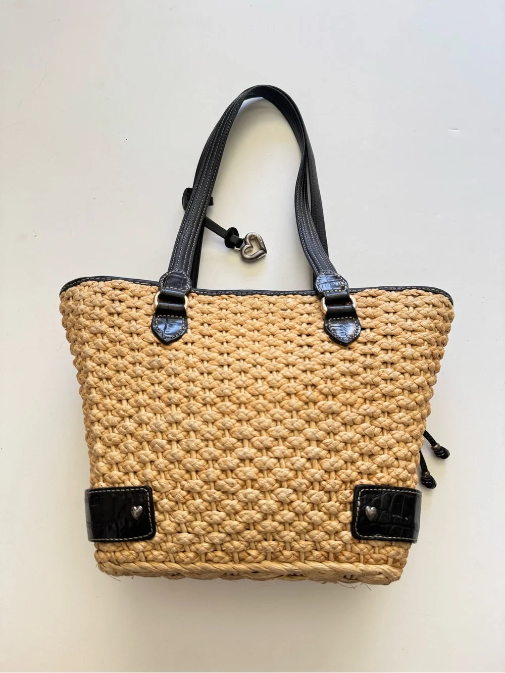Brighton Cody Tan Woven Straw Shoulder Bag with Black Trim